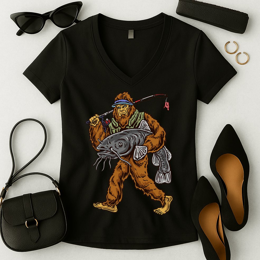 Catfishing Bigfoot Hunting Catfisher Women's V-Neck T-Shirt