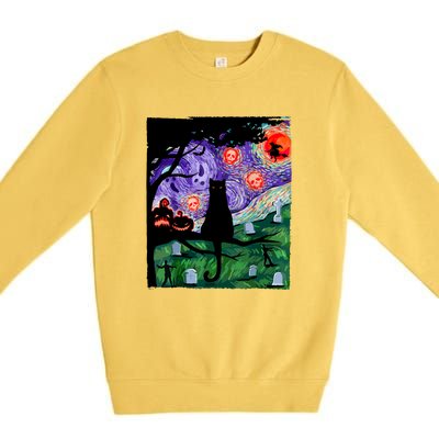 Cat Black Halloween Scary Night Cat Pumpkin Art Gift Premium Crewneck Sweatshirt