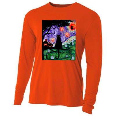 Cat Black Halloween Scary Night Cat Pumpkin Art Gift Cooling Performance Long Sleeve Crew