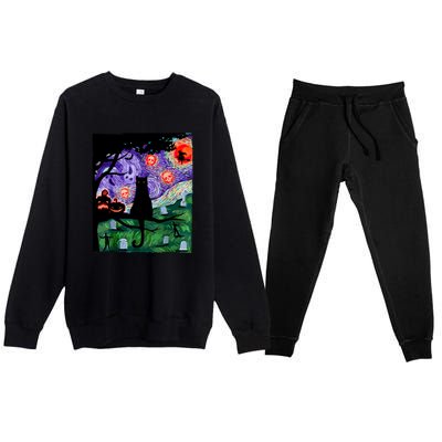 Cat Black Halloween Scary Night Cat Pumpkin Art Gift Premium Crewneck Sweatsuit Set