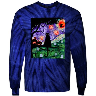 Cat Black Halloween Scary Night Cat Pumpkin Art Gift Tie-Dye Long Sleeve Shirt