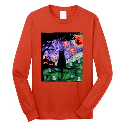 Cat Black Halloween Scary Night Cat Pumpkin Art Gift Long Sleeve Shirt