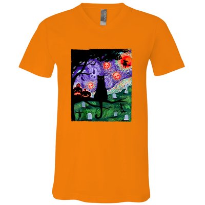 Cat Black Halloween Scary Night Cat Pumpkin Art Gift V-Neck T-Shirt