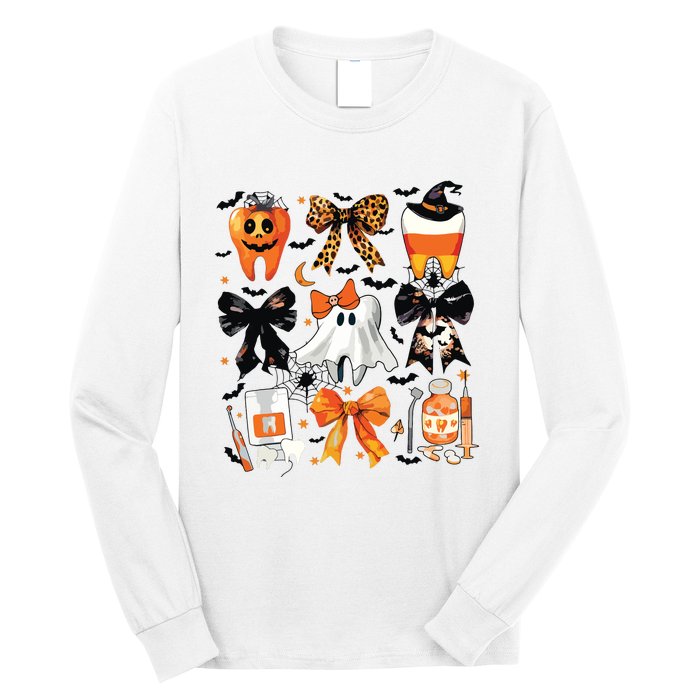 Coquette Bow Halloween Teeth Dentist Dental Assistant Ghost Long Sleeve Shirt