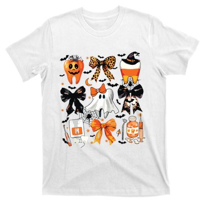 Coquette Bow Halloween Teeth Dentist Dental Assistant Ghost T-Shirt