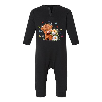 Cute Baby Highland Cow With Flowers Calf Animal Spring Infant Fleece One Piece