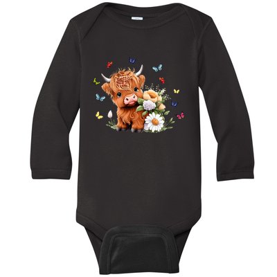 Cute Baby Highland Cow With Flowers Calf Animal Spring Baby Long Sleeve Bodysuit