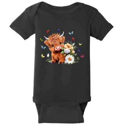 Cute Baby Highland Cow With Flowers Calf Animal Spring Baby Bodysuit