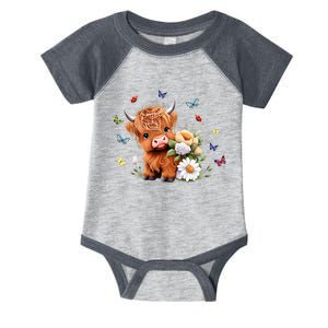 Cute Baby Highland Cow With Flowers Calf Animal Spring Infant Baby Jersey Bodysuit