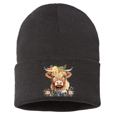 Cute Baby Highland Cow With Flowers Calf Animal Cow Women Sustainable Knit Beanie