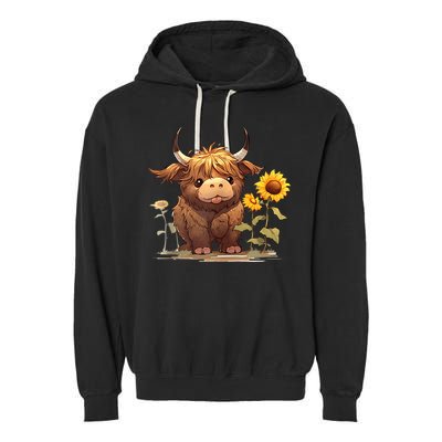Cute Baby Highland Cow With Sunflowers Calf Animal Farm Garment-Dyed Fleece Hoodie