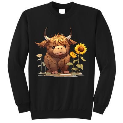 Cute Baby Highland Cow With Sunflowers Calf Animal Farm Sweatshirt