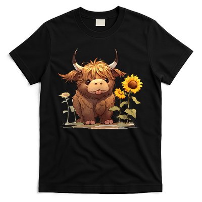 Cute Baby Highland Cow With Sunflowers Calf Animal Farm T-Shirt