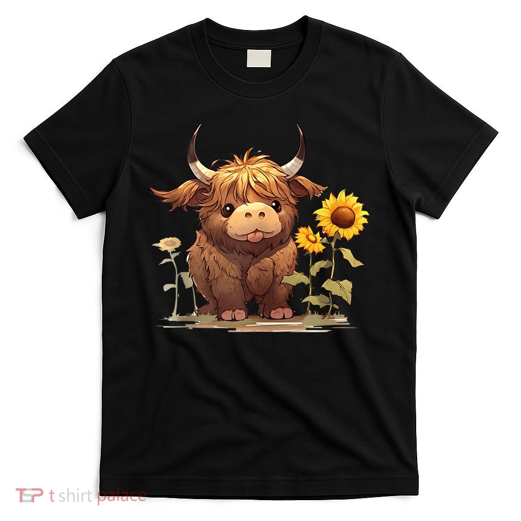 Cute Baby Highland Cow With Sunflowers Calf Animal Farm T-Shirt