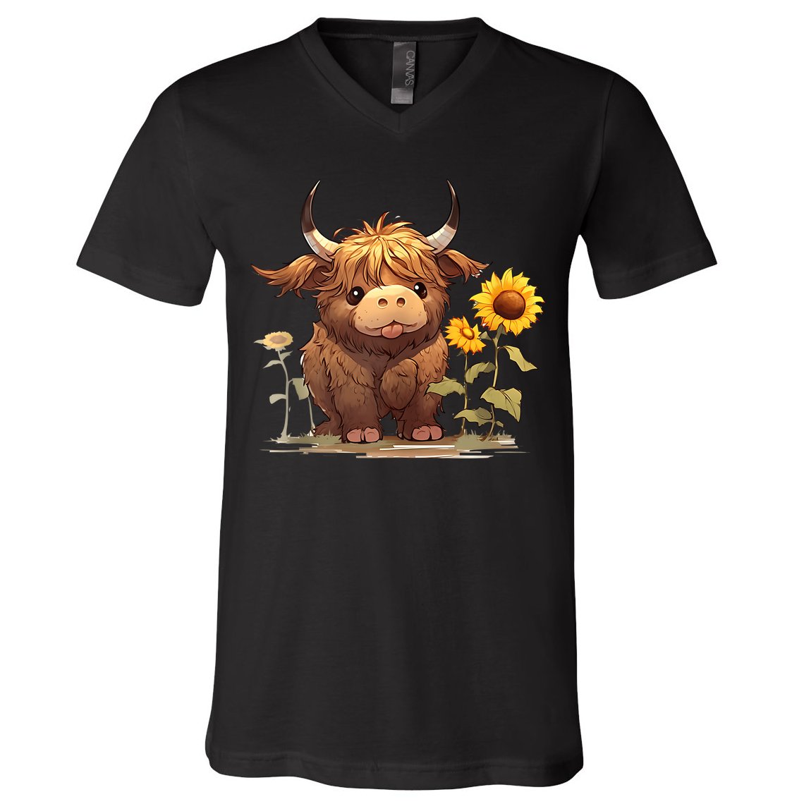 Cute Baby Highland Cow With Sunflowers Calf Animal Farm V-Neck T-Shirt