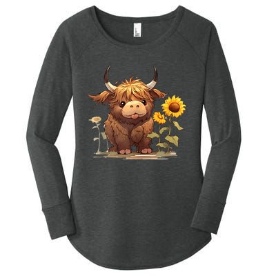 Cute Baby Highland Cow With Sunflowers Calf Animal Farm Women's Perfect Tri Tunic Long Sleeve Shirt