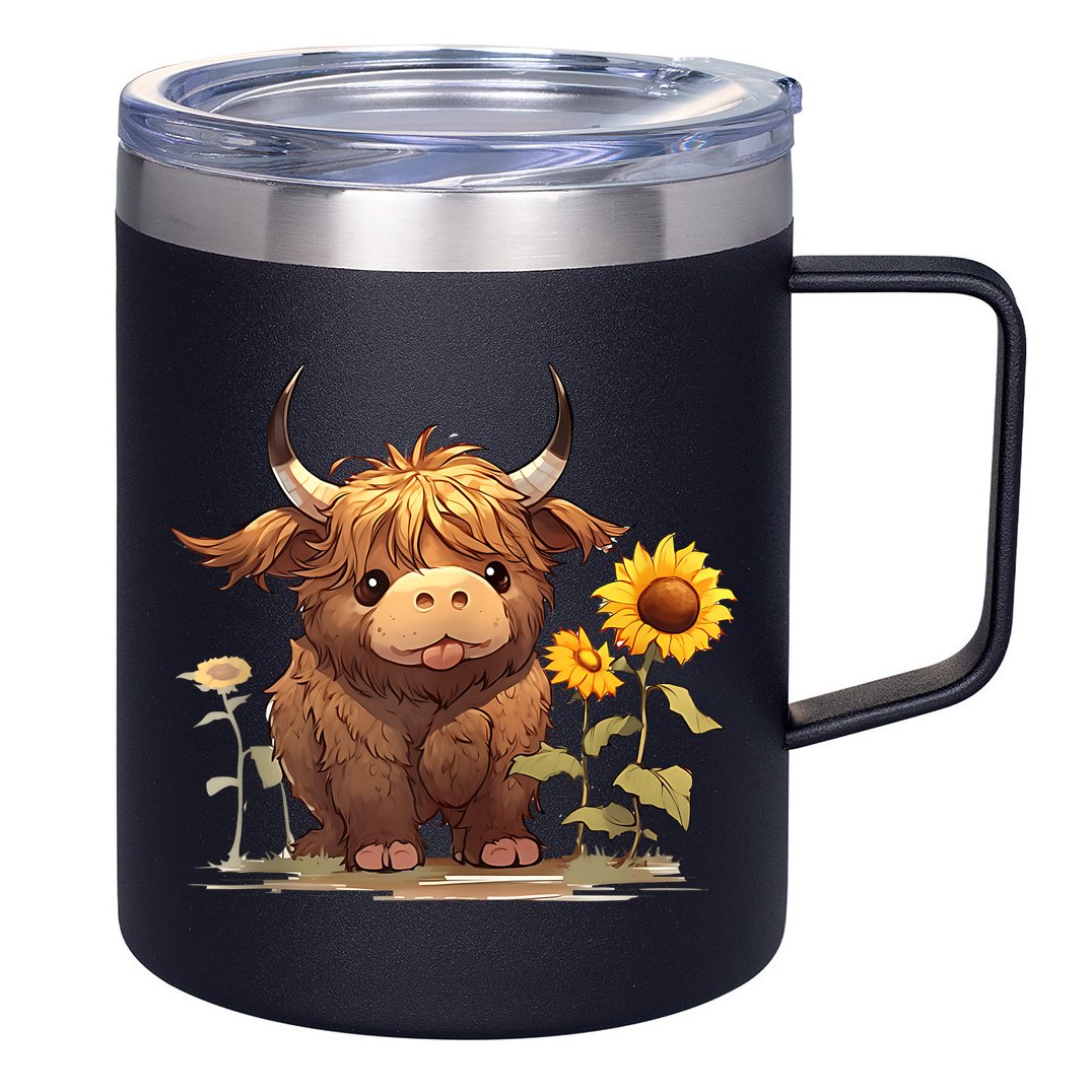 Cute Baby Highland Cow With Sunflowers Calf Animal Farm 12oz Stainless Steel Coffee Mug