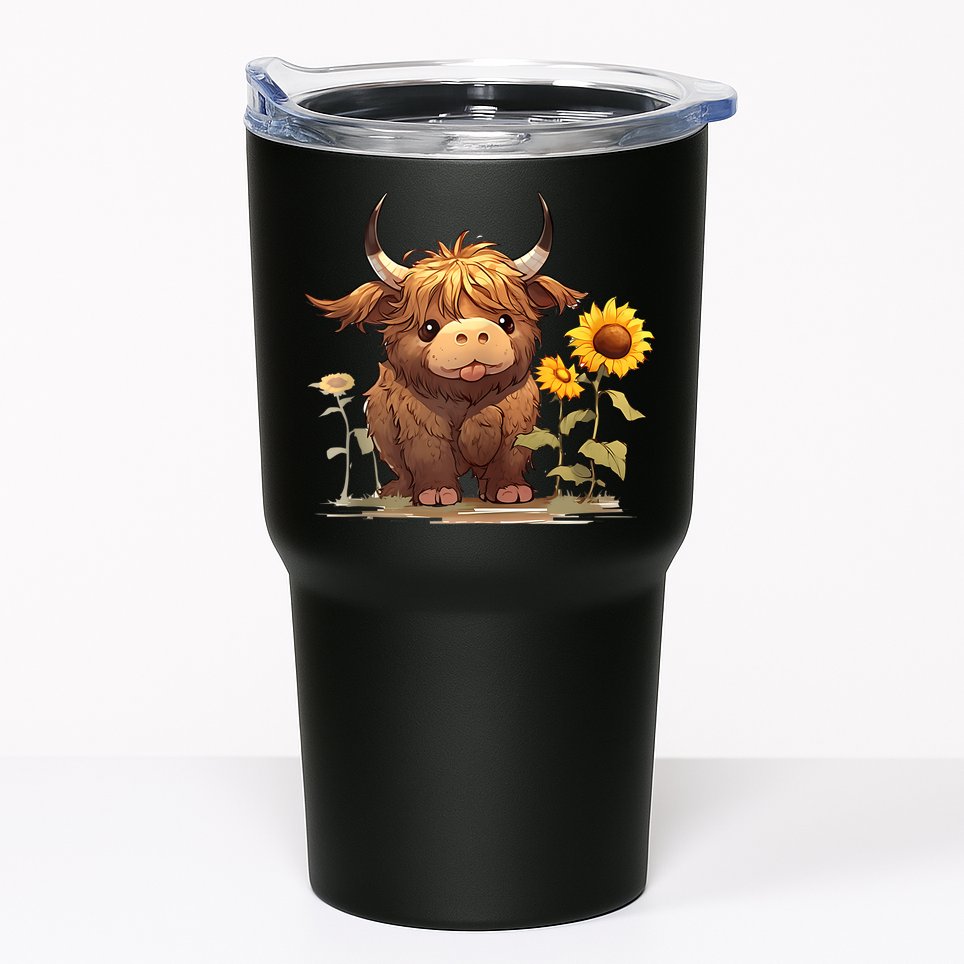 Cute Baby Highland Cow With Sunflowers Calf Animal Farm Tumbler