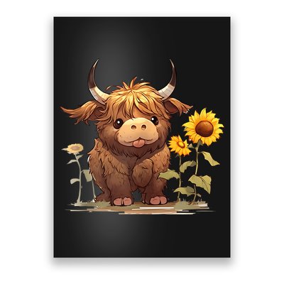 Cute Baby Highland Cow With Sunflowers Calf Animal Farm Poster
