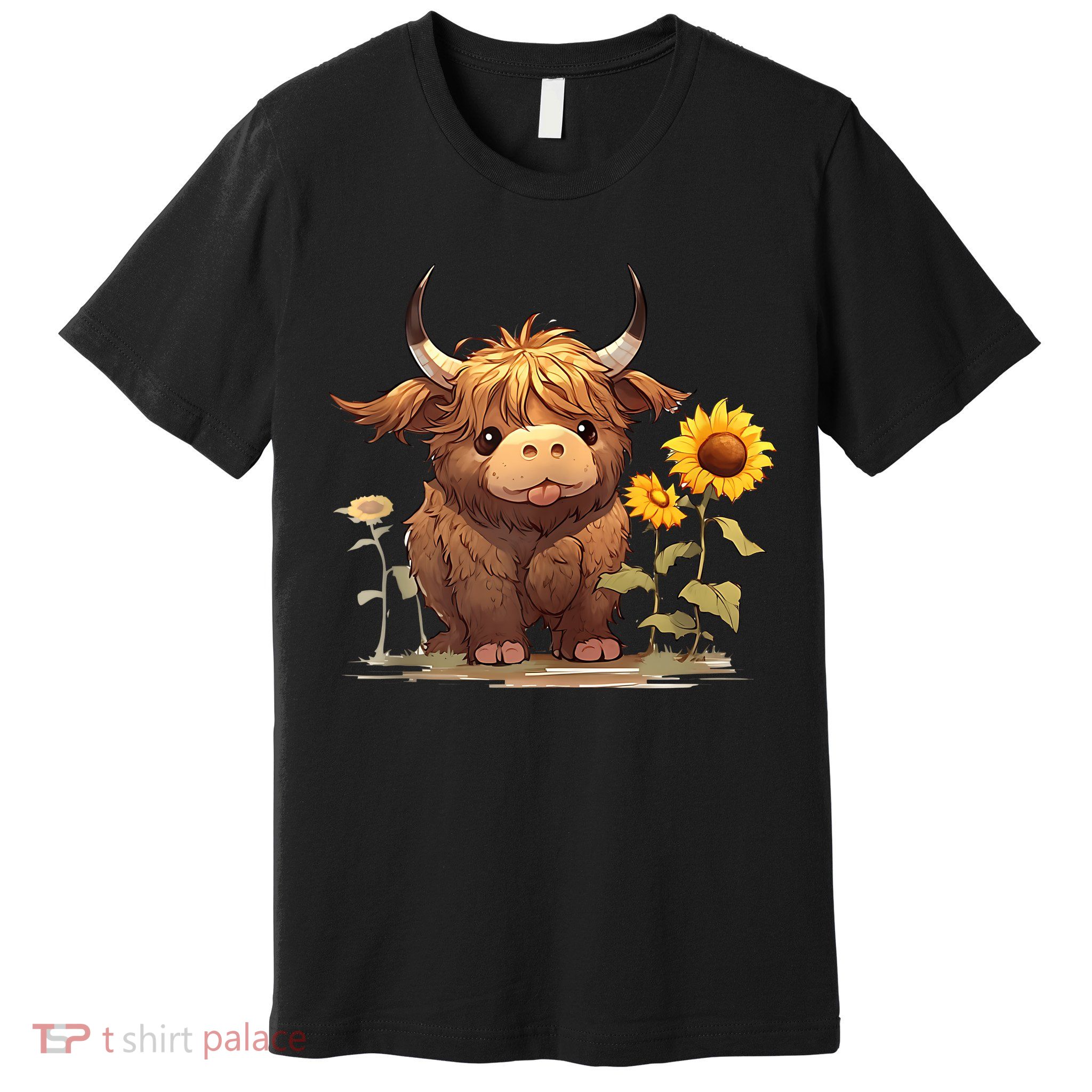 Cute Baby Highland Cow With Sunflowers Calf Animal Farm Premium T-Shirt