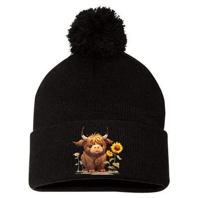 Cute Baby Highland Cow With Sunflowers Calf Animal Farm Pom Pom 12in Knit Beanie