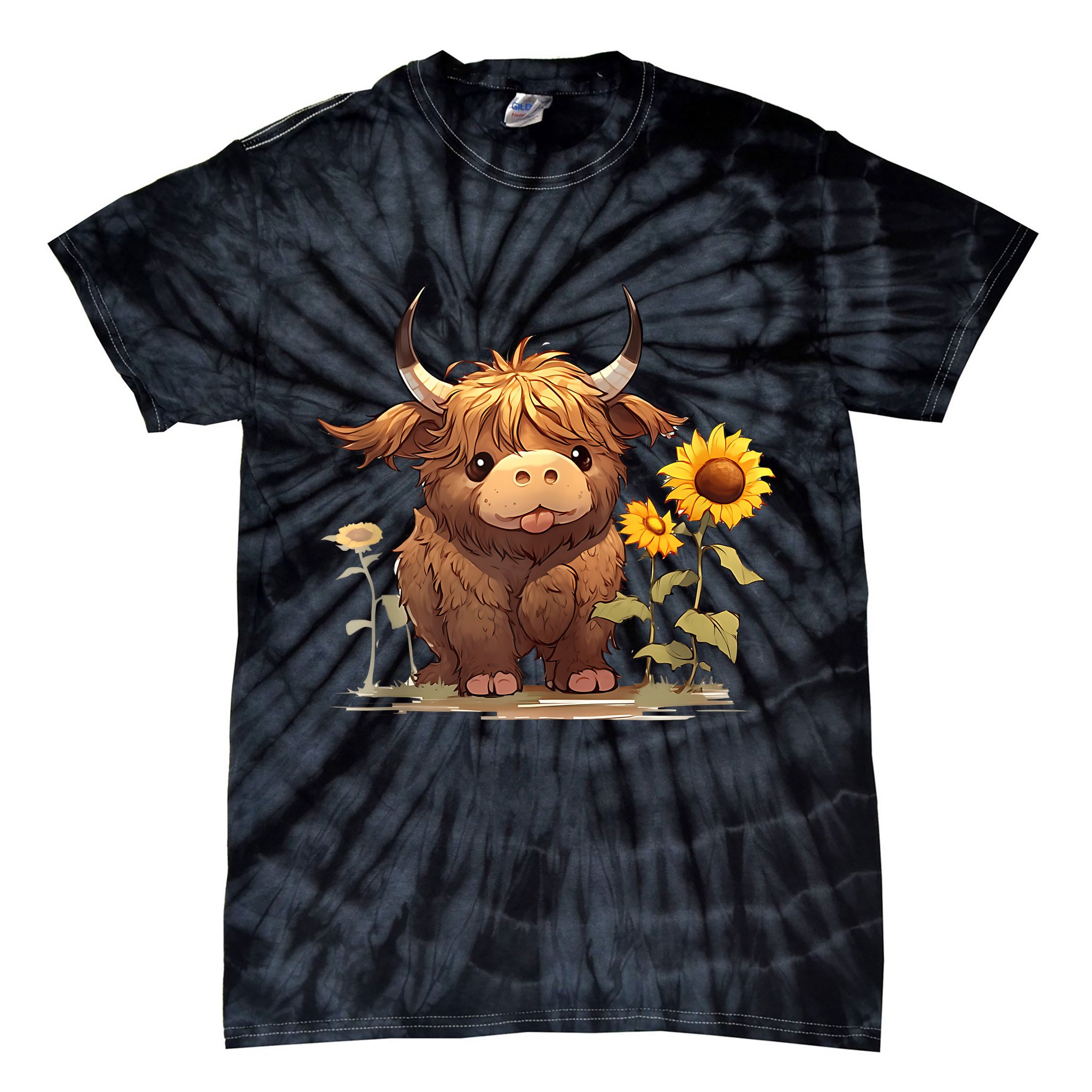 Cute Baby Highland Cow With Sunflowers Calf Animal Farm Tie-Dye T-Shirt
