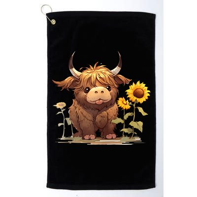Cute Baby Highland Cow With Sunflowers Calf Animal Farm Golf Towel