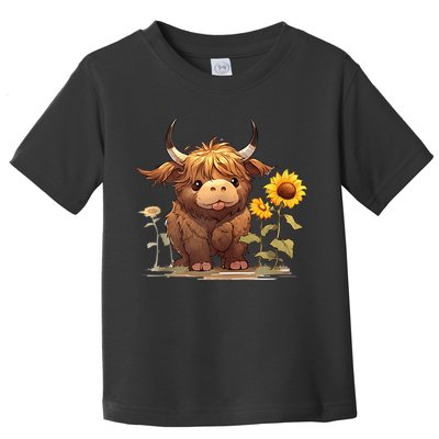 Cute Baby Highland Cow With Sunflowers Calf Animal Farm Toddler T-Shirt
