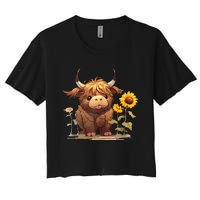 Cute Baby Highland Cow With Sunflowers Calf Animal Farm Women's Crop Top Tee