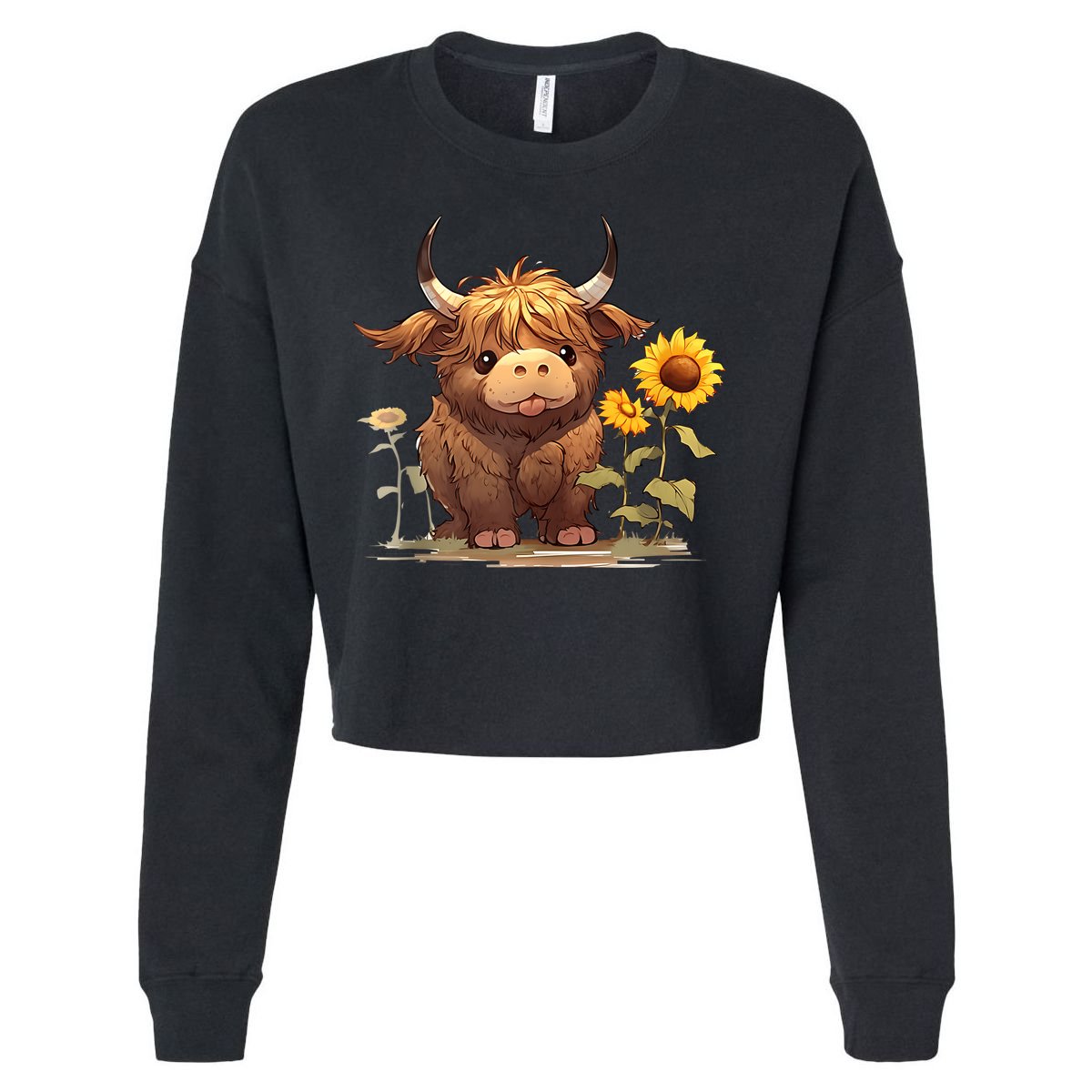 Cute Baby Highland Cow With Sunflowers Calf Animal Farm Cropped Pullover Crew