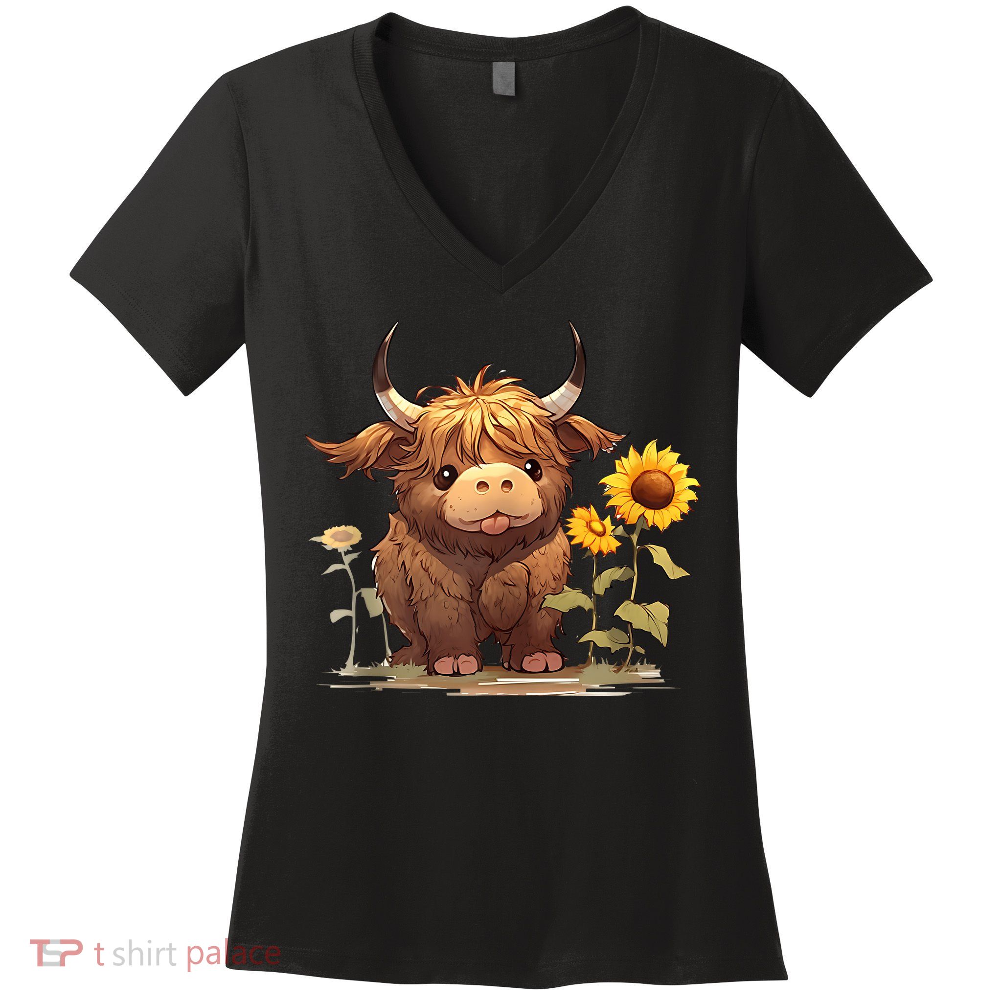 Cute Baby Highland Cow With Sunflowers Calf Animal Farm Women's V-Neck T-Shirt