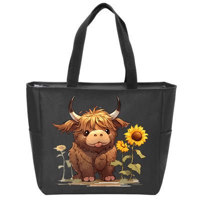 Cute Baby Highland Cow With Sunflowers Calf Animal Farm Zip Tote Bag