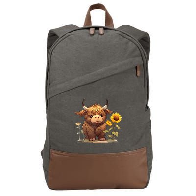 Cute Baby Highland Cow With Sunflowers Calf Animal Farm Cotton Canvas Backpack
