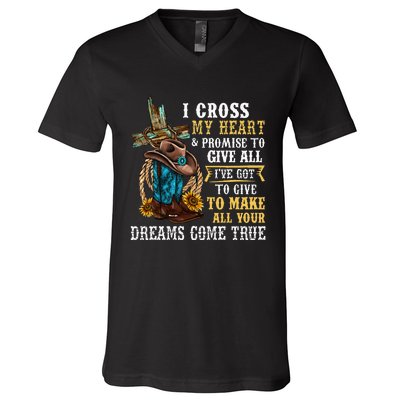 Cowgirl Boots & Hat I Cross My Heart Western Country V-Neck T-Shirt