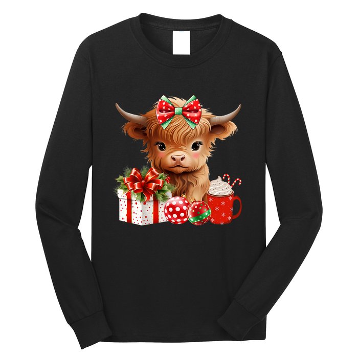 Cute Baby Highland Cow Merry Christmas Farmer Cow Xmas Long Sleeve Shirt