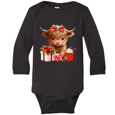 Cute Baby Highland Cow Merry Christmas Farmer Cow Xmas Baby Long Sleeve Bodysuit