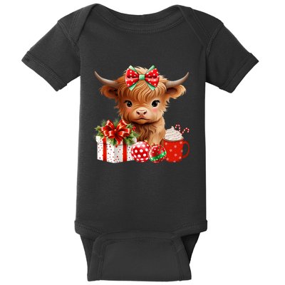 Cute Baby Highland Cow Merry Christmas Farmer Cow Xmas Baby Bodysuit