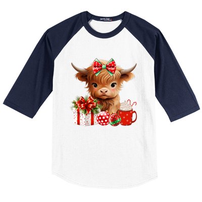 Cute Baby Highland Cow Merry Christmas Farmer Cow Xmas Baseball Sleeve Shirt