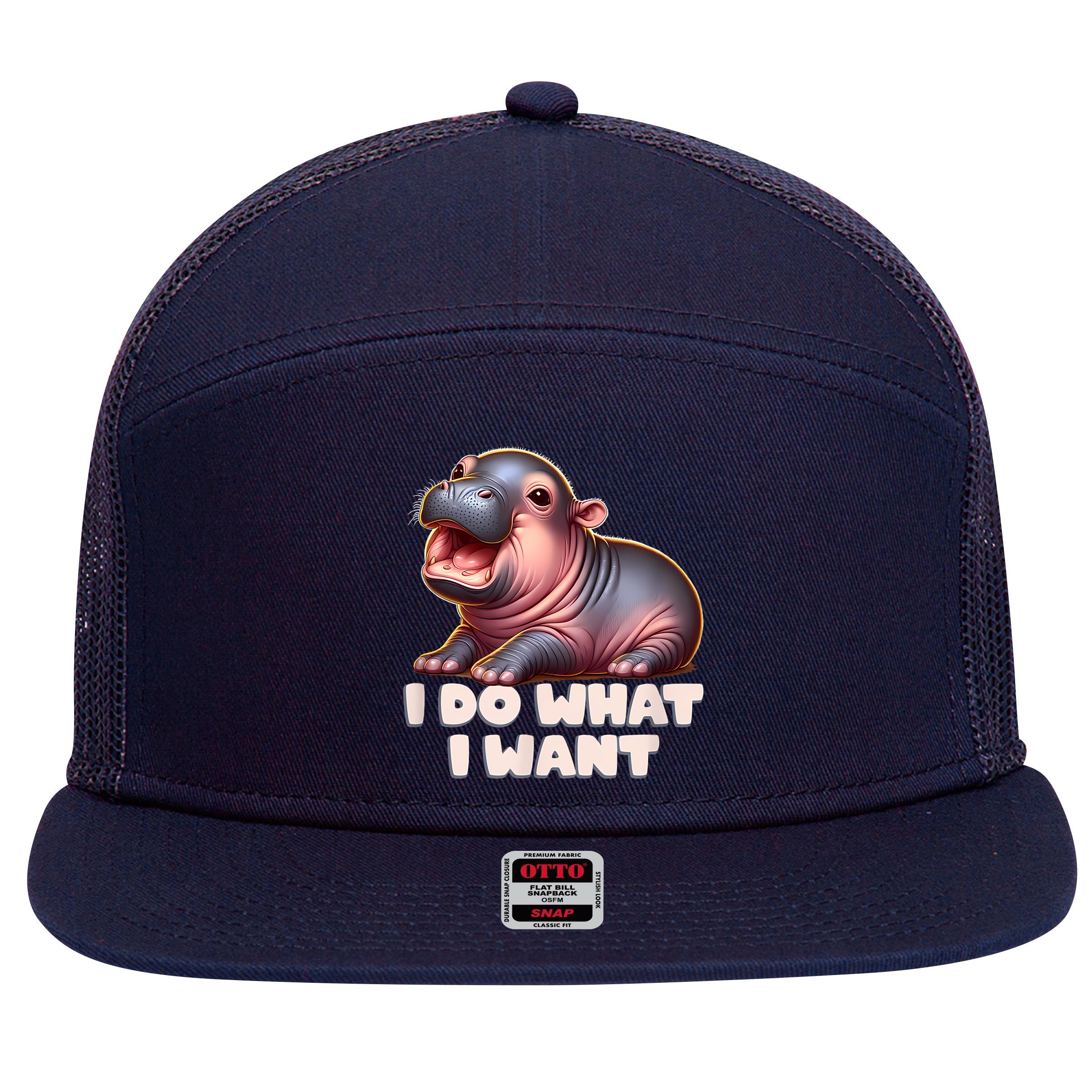 Cute Baby Hippo Moo Deng I Do What I Want 7 Panel Mesh Trucker Snapback Hat