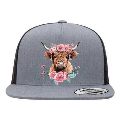 Cute Baby Highland Cow With Flowers Calf Animal Cow Women Flat Bill Trucker Hat