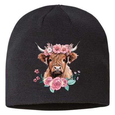 Cute Baby Highland Cow With Flowers Calf Animal Cow Women Sustainable Beanie