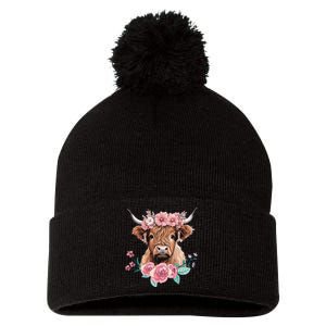 Cute Baby Highland Cow With Flowers Calf Animal Cow Women Pom Pom 12in Knit Beanie