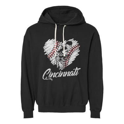 Cincinnati Baseball Heart Distressed Vintage Baseball Fans Garment-Dyed Fleece Hoodie