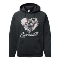 Cincinnati Baseball Heart Distressed Vintage Baseball Fans Performance Fleece Hoodie