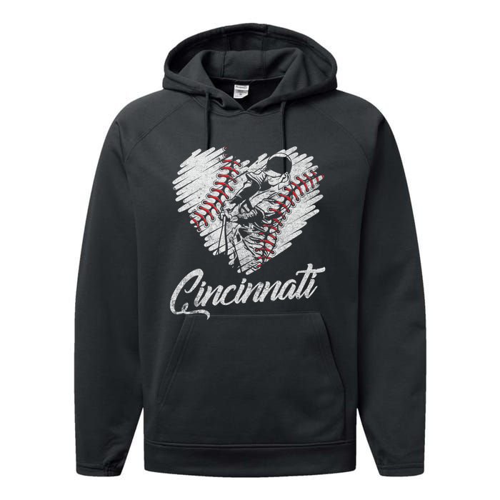 Cincinnati Baseball Heart Distressed Vintage Baseball Fans Performance Fleece Hoodie