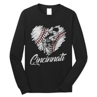 Cincinnati Baseball Heart Distressed Vintage Baseball Fans Long Sleeve Shirt