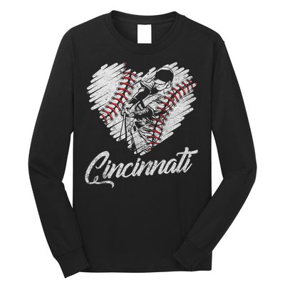 Cincinnati Baseball Heart Distressed Vintage Baseball Fans Long Sleeve Shirt