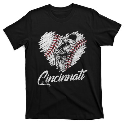 Cincinnati Baseball Heart Distressed Vintage Baseball Fans T-Shirt