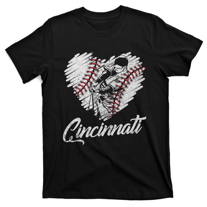 Cincinnati Baseball Heart Distressed Vintage Baseball Fans T-Shirt