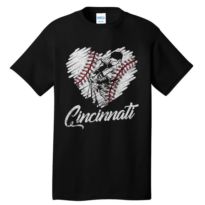 Cincinnati Baseball Heart Distressed Vintage Baseball Fans Tall T-Shirt